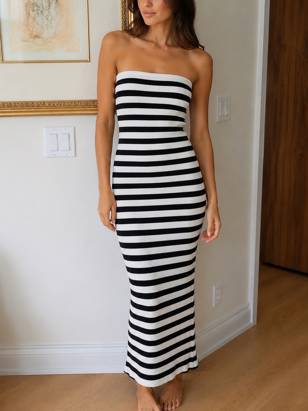 Bershka Strapless Black and White Horizontal Stripe Maxi Dress